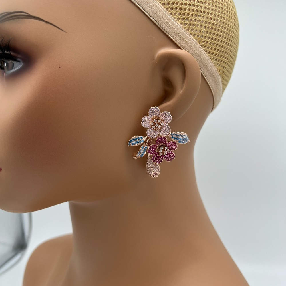 Rose Gold Pink Blue Floral Zircon Statement Earrings - Picture 2 of 3